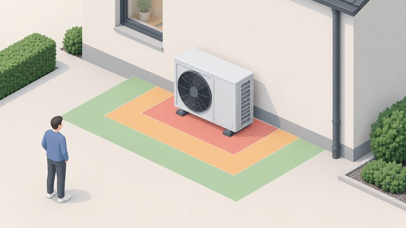 A monobloc heat pump unit standing against an outside house wall on level ground, with plain marked clearance zones shown as flat colour bands on the ground around it, and a small isometric figure standing back observing the clearances.