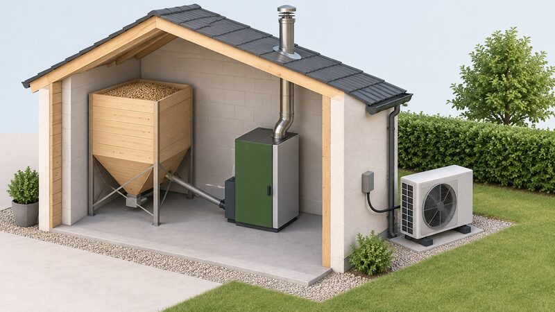 A cutaway view of a plant room containing a wood pellet biomass boiler connected to a tall pellet store and a flue rising through the wall or roof, with an adjacent outdoor wall showing an air source heat pump unit standing outside with an electricity supply cable entering the building.