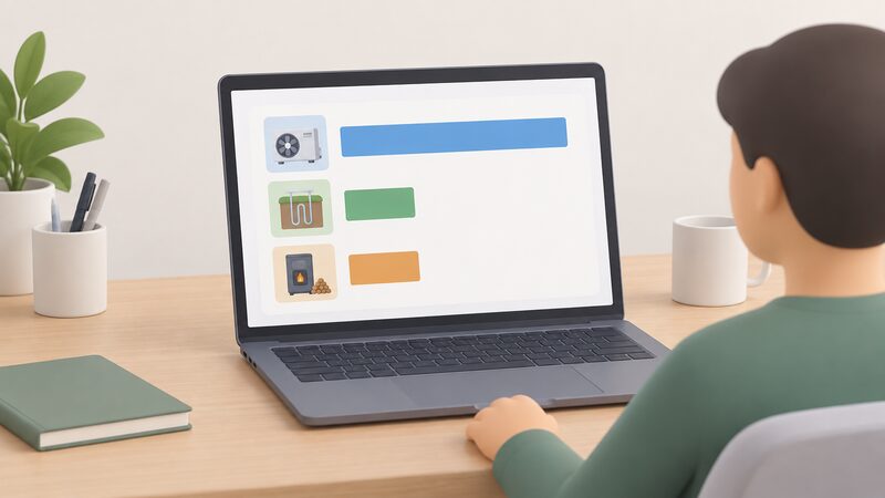 A laptop screen on a desk showing a scheme dashboard as a printed-style chart object, with plain horizontal bars of clearly different lengths representing accreditations by technology type, one long bar for air source heat pumps, shorter bars for ground source and biomass, no readable words or numbers.