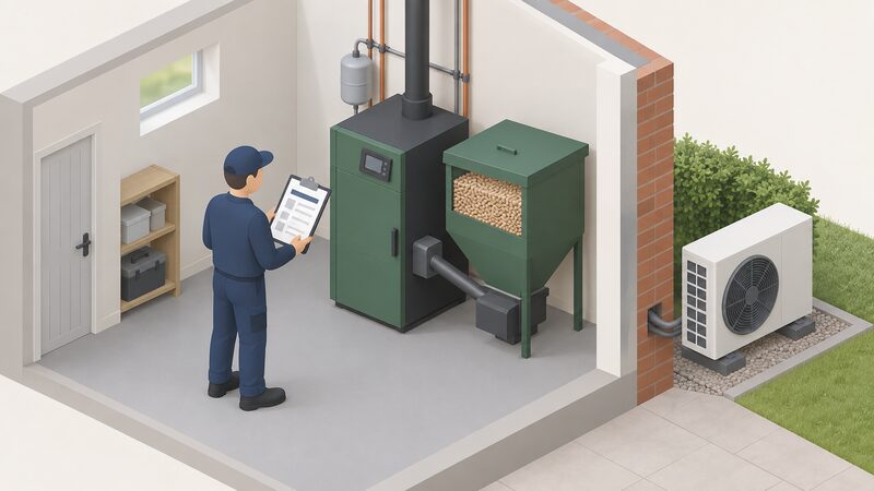An isometric installer in plain workwear stands indoors beside a biomass boiler with a pellet hopper, holding a clipboard carrying a blank commissioning certificate, while through the wall an air source heat pump outdoor unit sits outside the property.