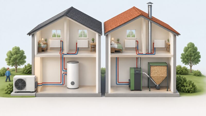 A side-by-side cutaway diagram of a house showing an air-to-water heat pump outdoor unit connected to an indoor cylinder and radiators, beside a biomass boiler with its pellet store and flue, each system linked by visible pipework to its emitters.