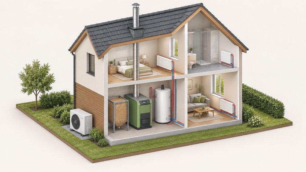 A cutaway of a small house showing an air source heat pump fan unit standing on the ground outside one wall, while inside a biomass boiler sits in a utility space beside a wood pellet fuel store, its flue passing up through the roof, both linked to a hot water cylinder and radiators.