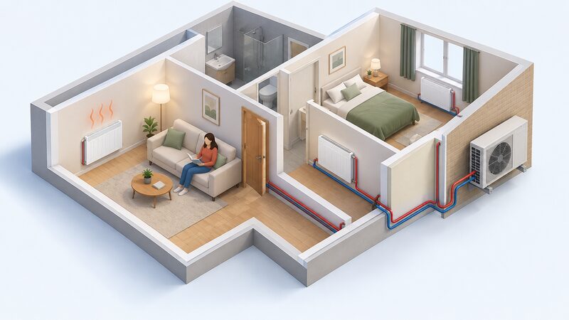 A split view of a small flat showing a wall-mounted electric radiator on an interior wall heating one room, and an air-to-water heat pump outdoor unit fixed to the external wall with pipes feeding the wet central heating system.