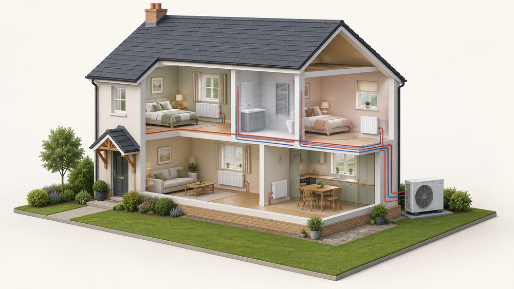 A cutaway house showing a single electric radiator standing against the wall of one room, while outside on the external wall an air-to-water heat pump unit connects by pipework to the home's wet central heating radiators.