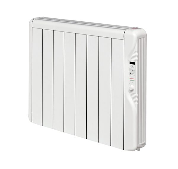 A white panel electric radiator with a digital control panel on the right side, shown on a plain background