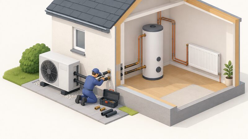 An installer kneeling beside an outdoor heat pump unit on an exterior wall, connecting insulated pipework that runs through the wall to a hot water cylinder inside the house and onward to a large radiator, with a toolbox and pipe fittings nearby.