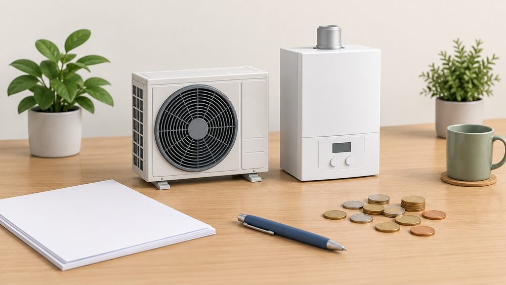 A small model of an air source heat pump fan unit and a small model of a wall-hung gas boiler sit side by side on a table beside blank paperwork, a pen and a scatter of coins, suggesting a household weighing up the two systems.