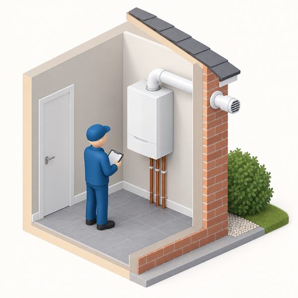 A wall-mounted gas boiler installed indoors on a house wall, with a small isometric figure inspecting it, and its horizontal flue pipe passing through the outside wall to terminate outdoors, shown partly in cutaway so both the boiler and the external flue terminal are visible.