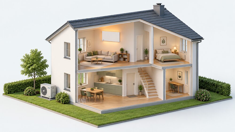 A cutaway house showing a flat infrared heating panel mounted high on an interior living room wall, with the heat pump's outdoor fan unit standing on the ground outside the external wall, connected to the house.