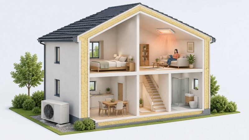 A cutaway view of a well-insulated house with an air source heat pump unit standing outside on the ground, and inside one room an infrared heating panel mounted high on the wall, showing the two options coexisting in one home.