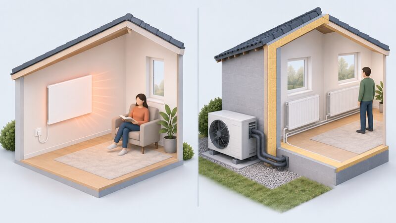A split scene showing a wall-mounted infrared heating panel with its lead plugged into a domestic socket on one side, and on the other an air source heat pump outdoor unit connected by insulated refrigerant pipework to larger radiators inside a well-insulated home.