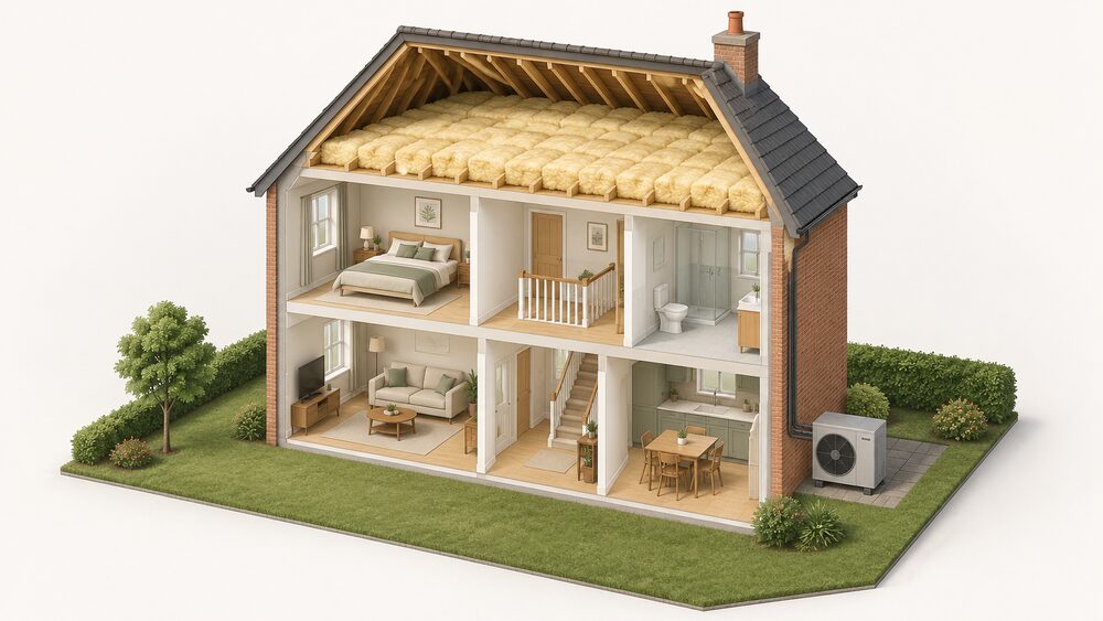 A cutaway house showing thick insulation laid between and over the loft joists upstairs, while outside on the ground an air source heat pump fan unit stands against the rear external wall, connected by pipework into the building.