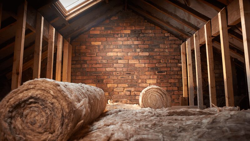 Rolls of mineral wool loft insulation laid between wooden joists in an unfinished loft with a brick gable wall and skylight