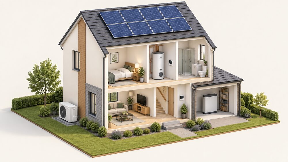 A cutaway house with an air source heat pump fan unit standing on the ground outside an external wall, solar panels on the roof, a hot water cylinder and wall controls indoors, and a battery in the garage or utility space.