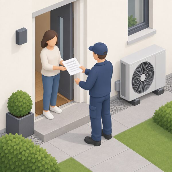 An installer in plain work clothing hands a printed quote sheet, its figures shown only as blank lines, to a householder at the front door of a home, with an air source heat pump unit visible on the outside wall beside them.