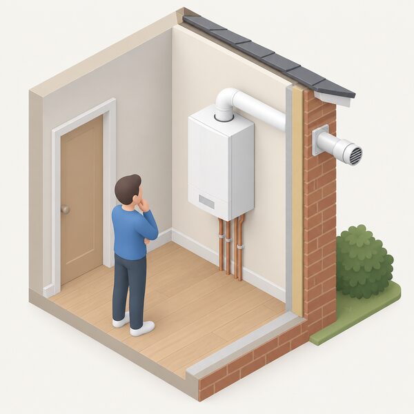 A wall-mounted gas boiler inside a home, shown in cutaway isometric view, with its flue pipe passing horizontally through the outside wall and terminating outside, with a simplified figure standing nearby looking at the boiler as if considering replacement.