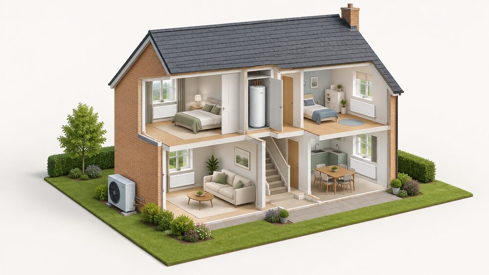 A cutaway house with an air-to-water heat pump unit standing outdoors against the external wall, a hot water cylinder fitted in an airing cupboard upstairs, and enlarged radiators in the rooms, with no boiler or gas supply anywhere in the building.