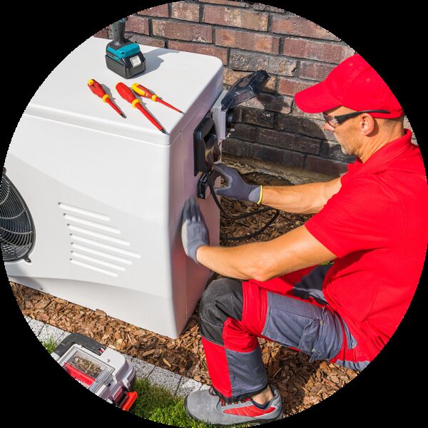 A technician in red workwear installing an outdoor air source heat pump unit outside a brick house