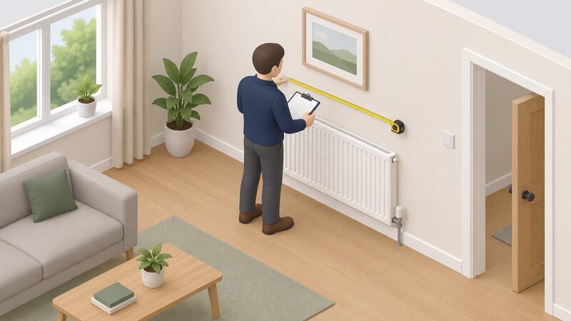 An installer in plain clothing during a heat pump suitability survey measures an internal wall with a tape measure beside a domestic radiator, clipboard in hand, inside an ordinary UK home.