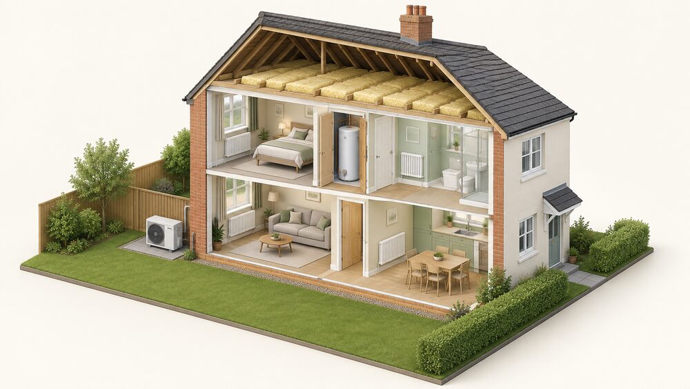 A cutaway of a typical semi-detached house showing an air source heat pump unit standing outside on the ground at the rear wall, a hot water cylinder in an airing cupboard upstairs, and large radiators on the walls of the rooms, with thick insulation shown in the loft.