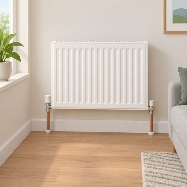 A domestic panel radiator mounted on a wall in a simply drawn room, connected at its base to two flow and return pipes rising from the floor, shown as the kind of existing emitter a heat pump system can use.