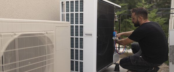 A technician installing an outdoor air source heat pump unit outside a building