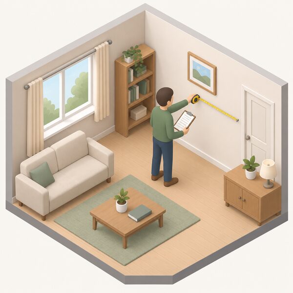 A surveyor in plain clothing stands in an ordinary furnished room of a house, holding a clipboard in one hand and extending a tape measure to a wall, assessing the room as part of a heat loss survey.