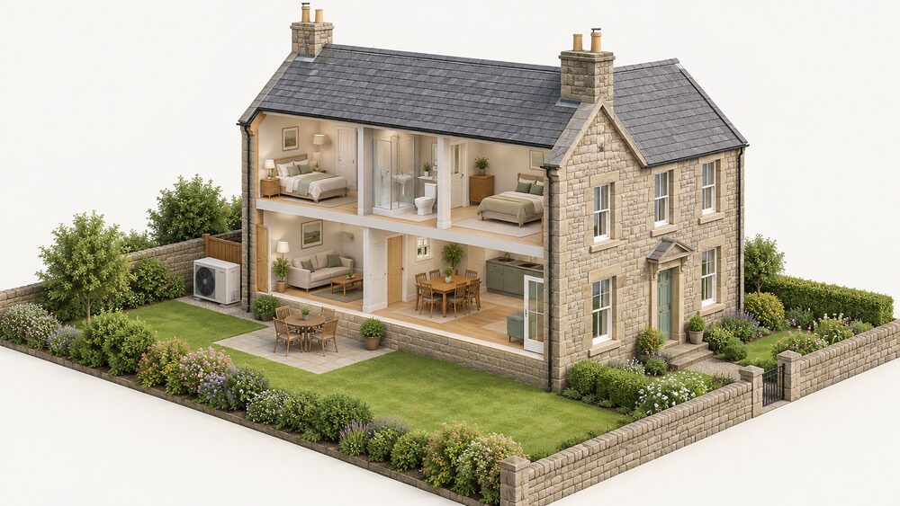 A stone Scottish house in a conservation area seen from the rear, with an air source heat pump unit standing on the ground at the back of the house, set well back from the road, while the street-facing front wall and roof remain plain and unaltered.