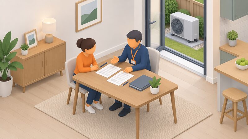 A Home Energy Scotland advisor sits at a table with a householder in a home, discussing grant paperwork for a heat pump, with printed forms and a pen between them and a heat pump unit visible through an open door or window.