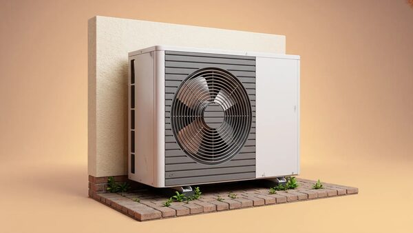 A white air source heat pump unit mounted against a rendered wall on a brick base