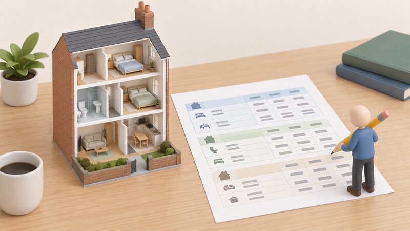 A printed heat loss calculation sheet lying on a table beside a cutaway three-storey terraced house model, with a row for each room on every floor and plain blocks standing in for the figures, next to a small figure holding a pencil over the sheet.