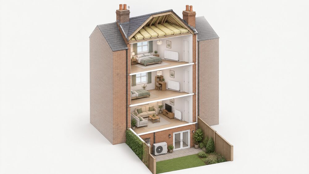 A cutaway three-storey mid-terrace house showing radiators on each of the three floors, insulation laid between and over the joists in the loft, and one air source heat pump outdoor unit standing in the small rear yard against the back wall.
