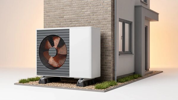 A 3D render of an air source heat pump unit mounted on the exterior wall of a brick house