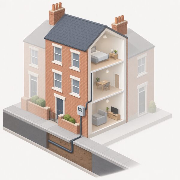 A small isometric three-storey terraced house with an electricity meter box mounted on its outside wall, connected by a cable that runs up from below ground level to the meter and then into the house, with a simplified grid supply cable arriving from the street.
