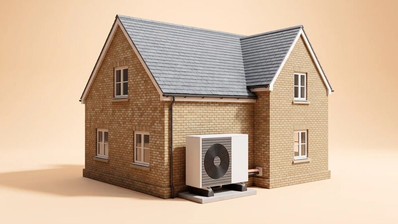 A 3D render of a brick house with an air source heat pump unit installed on the outside wall