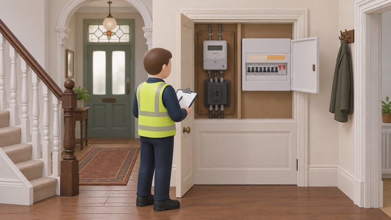 A surveyor with a clipboard stands in a Victorian hallway beside an open meter cupboard showing the electricity meter and main fuse, next to a consumer unit whose open door reveals rows of breakers with one plain blank label marking the dedicated heat pump circuit.