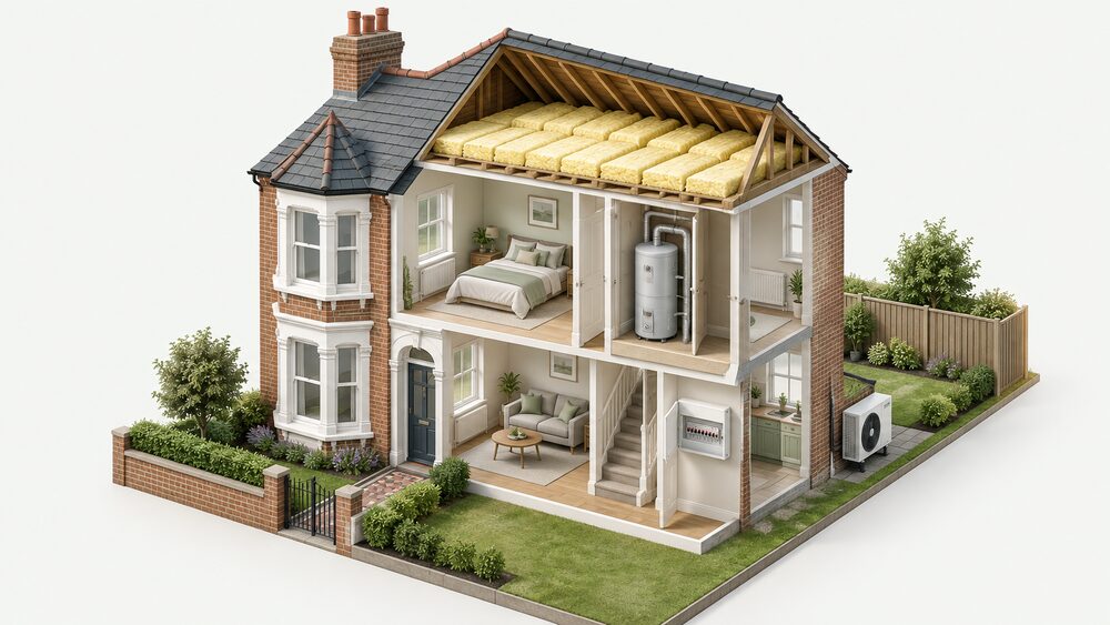 A cutaway of a Victorian bay-fronted terrace showing loft insulation laid between and over the joists in the roof, insulated hot water cylinder and pipework in the airing cupboard, an upgraded consumer unit, and a wall-mounted air source heat pump fan unit on the outside rear wall.