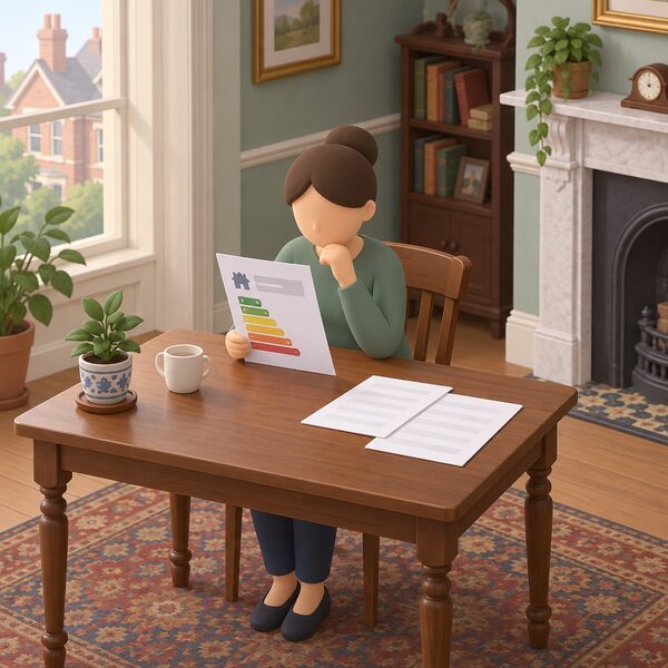 A householder seated at a table in a Victorian home reads a printed Energy Performance Certificate sheet, with blank grant application forms beside it, considering funding before any heat pump work.