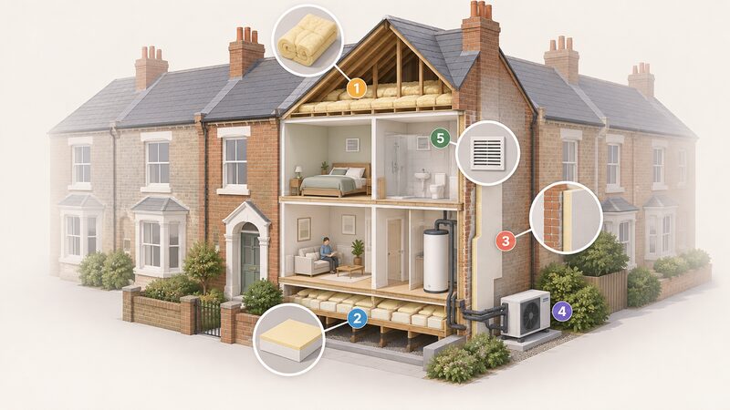A cutaway Victorian terraced house shown as a phased retrofit plan, with numbered stage markers sequencing loft insulation, draught-proofing, insulated floor, solid wall insulation and ventilation alongside an outdoor heat pump unit and indoor cylinder.