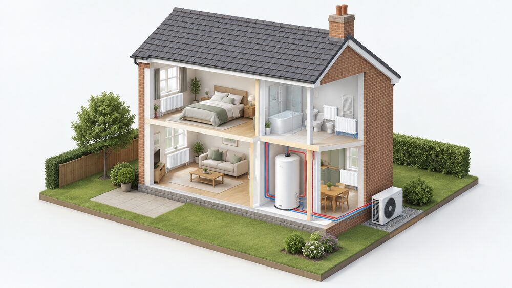 A cutaway UK house showing an air source heat pump fan unit standing outside on the ground at the rear wall, connected through the wall to a hot water cylinder and radiators inside the rooms.