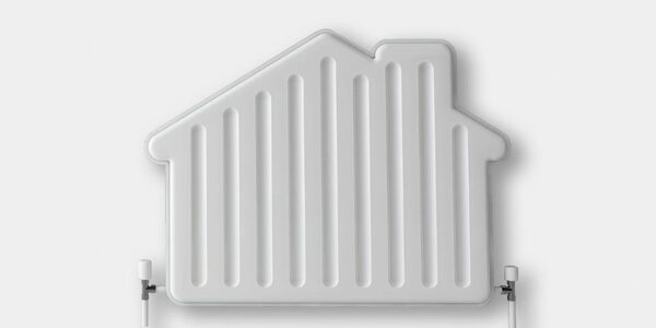 A white panel radiator shaped like a house, mounted on a plain wall with pipe valves at the bottom