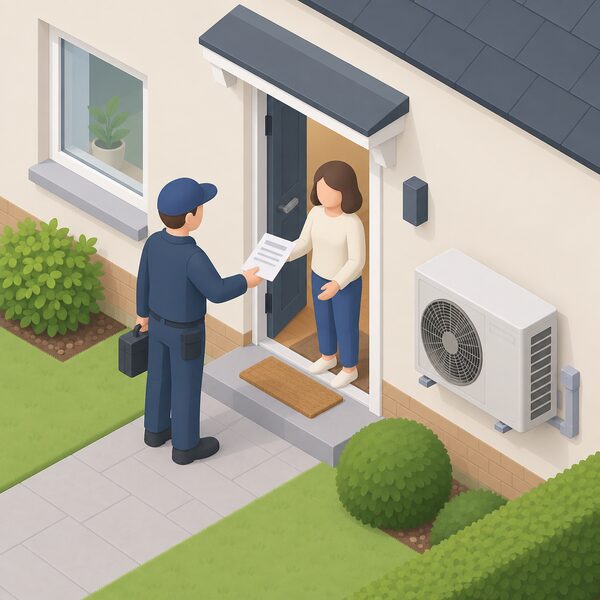 An installer in plain work clothes stands at a house's front doorstep handing a folded paper quote to a householder, with a simplified air-source heat pump unit visible on the outside wall nearby.
