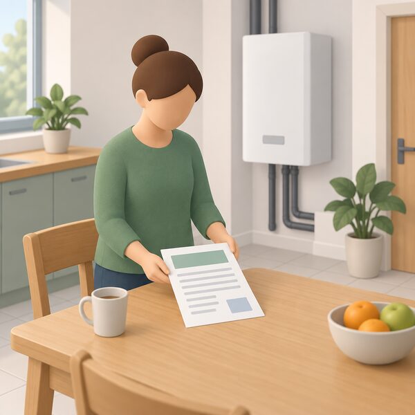 A paper Building Regulations compliance certificate lying on a kitchen table in a home, held or just set down by a simplified occupier figure, with a heat pump indoor unit visible in the background to show the commissioned system it relates to.