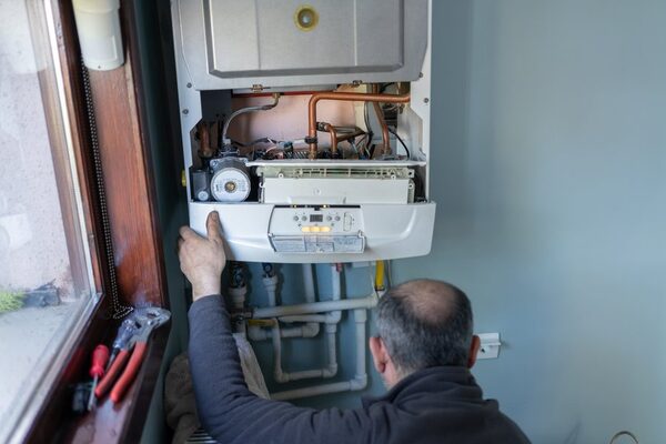 A heating engineer working on the open internals of a wall-mounted gas boiler in a home