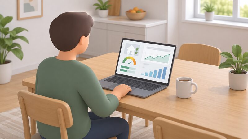 A laptop screen on a kitchen table showing a heat pump monitoring dashboard with plain colour bands and simple bar and line graphics representing live efficiency figures, beside a mug, with a simplified figure seated looking at the screen.