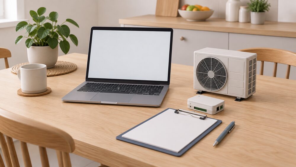 A laptop with a blank screen sits on a kitchen table beside a small model of an air source heat pump outdoor unit, a small data logger box and a clipboard with blank paperwork, arranged as a household comparing measured heat pump performance.