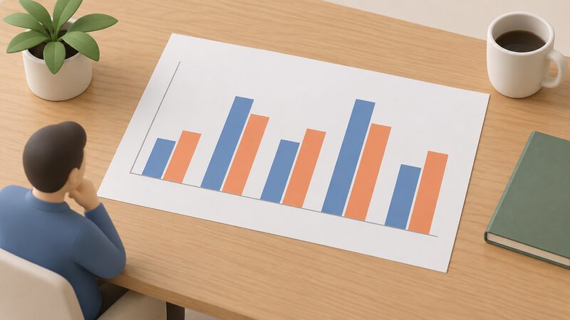 A printed comparison chart lying on a table, showing pairs of plain bars side by side where one bar of each pair represents measured heat pump performance and the other represents modelled figures from other datasets, with no readable numbers or words.