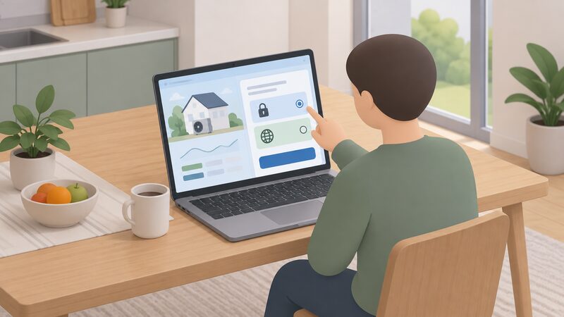 A laptop on a kitchen table showing a heat pump monitoring dashboard with a privacy settings panel open, offering private and public sharing options, with a simplified figure seated choosing between them.