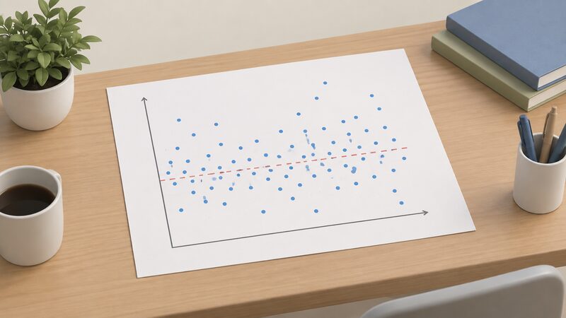 A printed scatter plot sheet lying on a table, showing a cloud of plain dots spread across a wide vertical range of SPF values with a marked mean level between the extremes, no readable numbers or words.