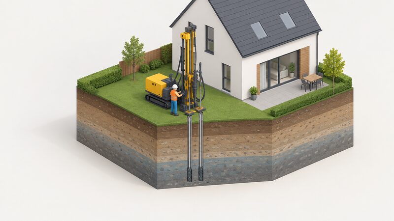 A compact drilling rig set up in a small garden beside a new-build house drills two narrow vertical boreholes a short distance apart, with a simplified isometric figure operating the rig and the drilled wells shown as slim vertical shafts into the ground below the lawn.